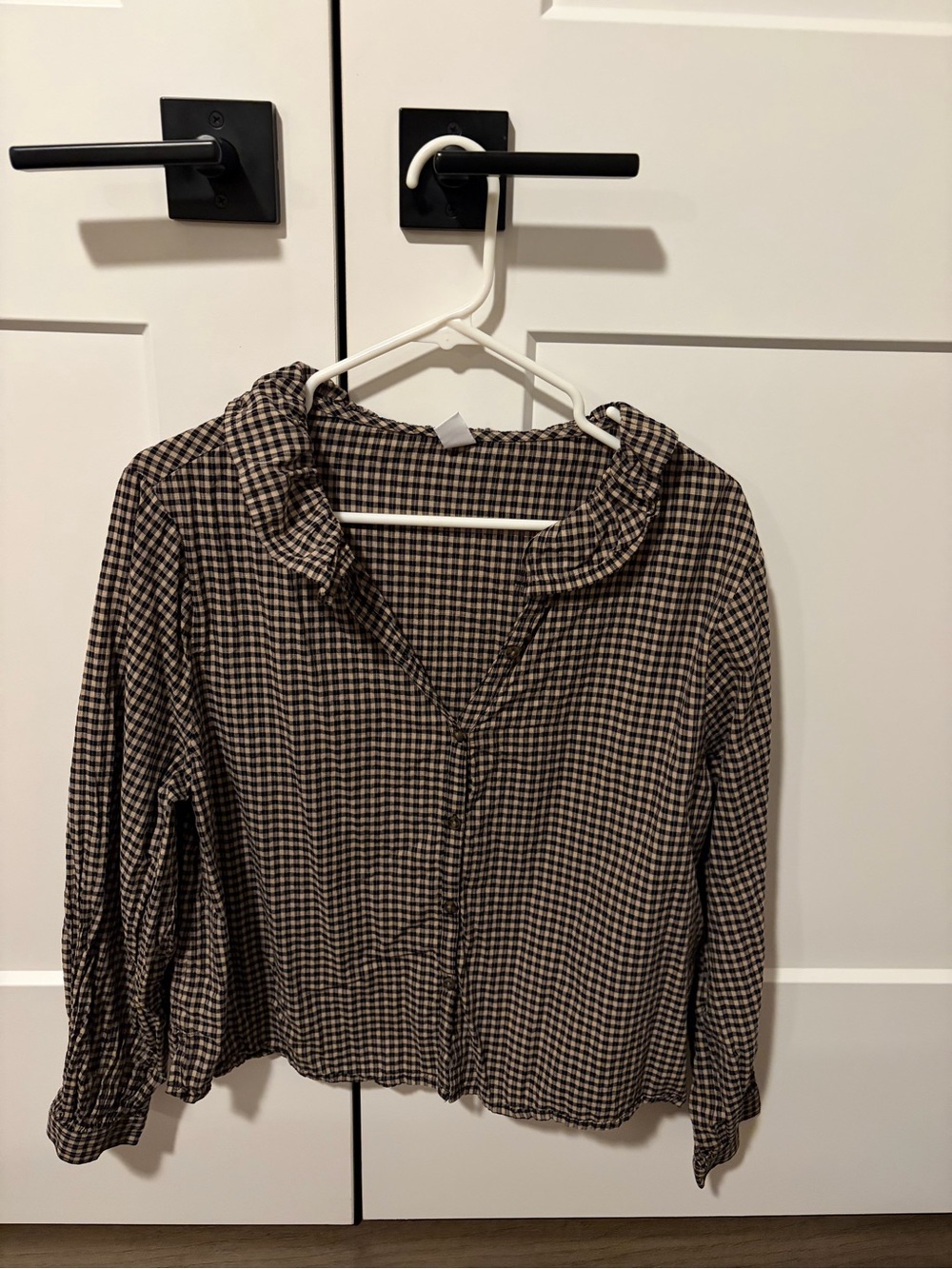 Old Navy Brown and Black Gingham Ruffle Collar Button-Front Top